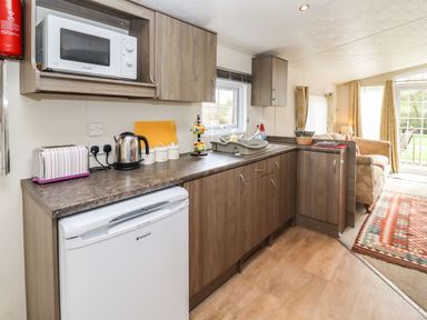 A kitchen with wooden cabinets a microwave kettle toaster and a small fridge next to a living area with a sofa and rug at Broad Down in Berrow
