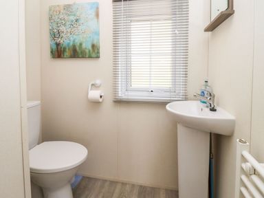 A small bathroom with a toilet sink window with blinds and a painting at Broad Down in Berrow