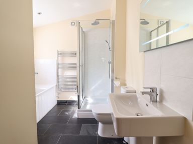 A bathroom with a sink toilet shower and bathtub at Beudy Bach Barn in Llanuwchllyn near Bala