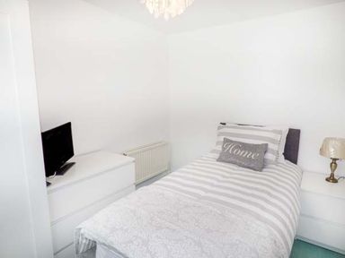 A bedroom with a single bed with striped bedding a bedside table with a lamp a chest of drawers with a television and a radiator at Arfryn in Bethesda