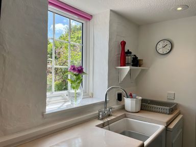 A kitchen sink under a window with a vase of flowers a clock on the wall and a shelf with kitchen items at The Boat House in Golant near Tywardreath