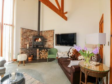 A living room with a wood burning stove and stacked firewood a leather sofa a green chair a wicker side table with flowers and a lamp a wall mounted television at The Wagon House in Tresmeer near Launceston