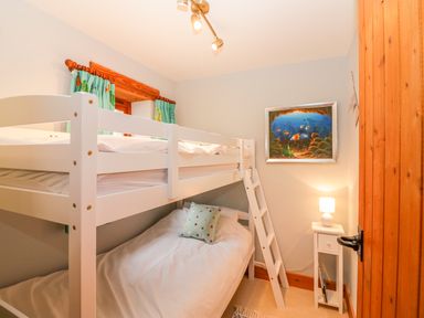 A small bedroom with white bunk beds a bedside table with a lamp a painting of fish on the wall and a window with curtains at The Wagon House in Tresmeer near Launceston
