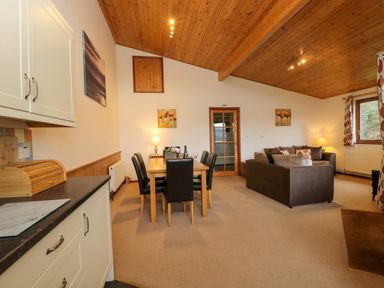 An open plan room with a dining table and black chairs a sitting area with sofas and a wooden ceiling at The Ash Lodge near Lyme Regis