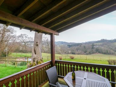 A wooden covered porch with a table and chair overlooking grass and trees at The Ash Lodge near Lyme Regis