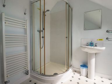 A bathroom with a shower and washbasin at Treverrion in Gorran Haven