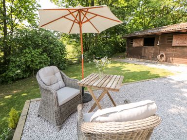 An outdoor seating area with two wicker chairs a wooden table with flowers and a large umbrella next to a wooden shed in a garden at Shepherd's Hut in Castleton Peak District