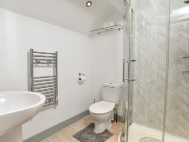 A bathroom with a toilet a shower with glass doors a sink a towel rack and a glass shelf with toilet paper at Plas Bach in Aberffraw