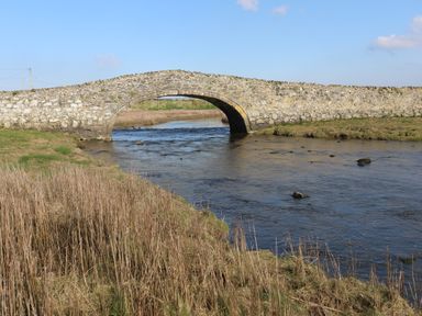 A stone bridge over a river with grass and reeds on the riverbank at Plas Bach in Aberffraw