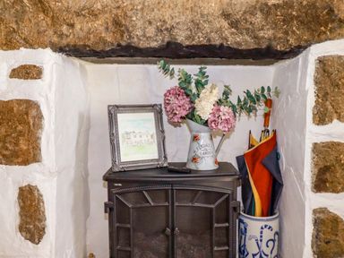 A living room with a wood stove and flowers on a shelf at Longview Cottage Penwithick neat St Austell