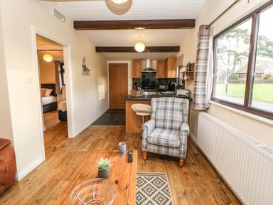 A living area with a plaid armchair wooden coffee table and kitchen in the background at Snowdrop in Saltburn-by-the-Sea