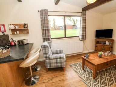 A living area with a plaid armchair wooden coffee table and small television at Snowdrop in Saltburn-by-the-Sea