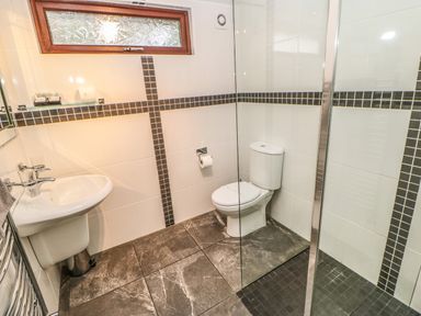 A bathroom with a sink a toilet and a glass shower enclosure at Snowdrop in Saltburn-by-the-Sea