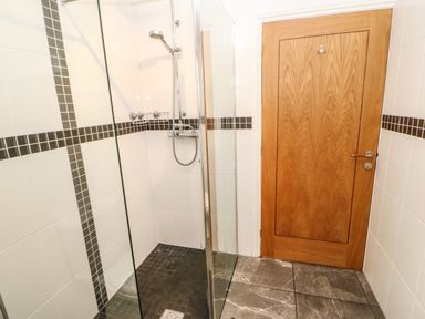 A shower area with glass partition next to a wooden door in a tiled bathroom at Snowdrop Saltburn-by-the-Sea