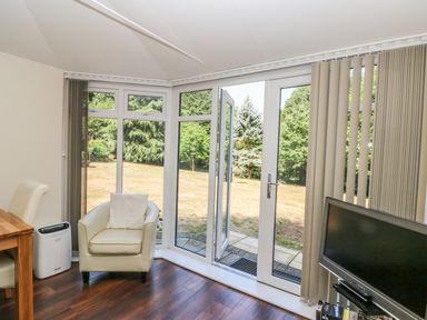 A room with a chair a table a television and glass doors leading to a garden at Badger View in Culverstone Green near Chatham