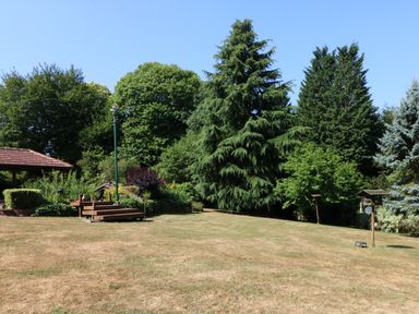 A grassy garden area with trees a wooden deck and bird feeders at Badger View in Culverstone Green near Chatham