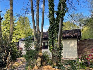 A small house with a tiled roof surrounded by trees and shrubs at Badger View in Culverstone Green near Chatham