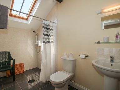 A bathroom with a shower, toilet, and sink at The Wainhouse in Bockleton near Tenbury Wells
