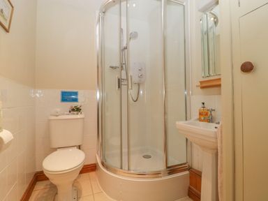 A bathroom with a toilet, corner shower enclosure, pedestal sink, and a mirror at The Old Bakery in Crowcombe