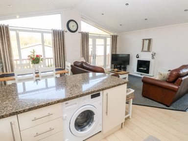 A kitchen area with a washing machine and countertop overlooking a living room with brown sofas and a dining table with flowers at Tranquillity - Heritage Park Stepaside near Kilgetty