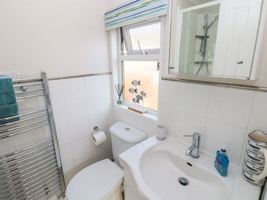 A bathroom with a toilet sink mirror and a window at Tranquillity - Heritage Park in Stepaside near Kilgetty