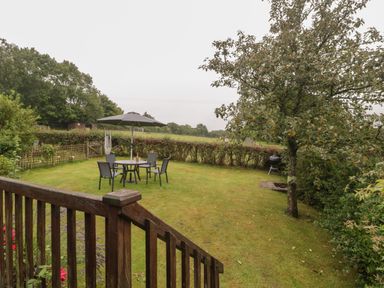 A garden with patio furniture and umbrella near a tree and barbecue at Floras Barn in Crowcombe