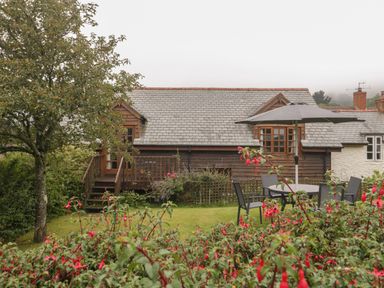 A garden with a tree and outdoor table with umbrella and chairs in front of a house at Floras Barn in Crowcombe