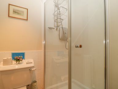 A bathroom with a toilet toilet paper a small flower vase a shower enclosure and a framed picture on the wall at Floras Barn in Crowcombe