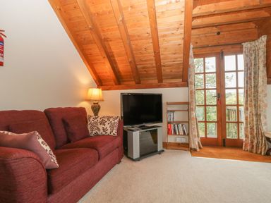 A living room with a red sofa, a table lamp, a television on a stand, a small bookshelf with books, and glass doors with floral curtains at Floras Barn in Crowcombe