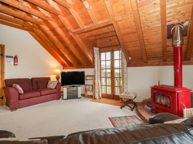 A living room with a red wood stove sofa television and glass door at Floras Barn in Crowcombe