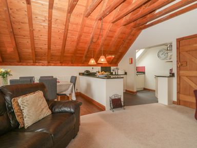 An open living space with a leather sofa a dining table with chairs a kitchen countertop and wooden ceiling at Floras Barn Crowcombe