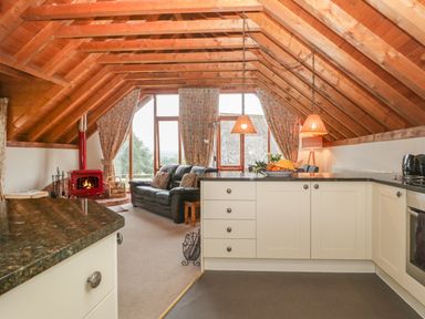 An open kitchen and living area with wooden ceiling beams and a red wood stove at Floras Barn in Crowcombe
