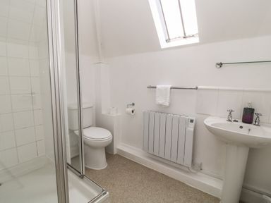 A bathroom with a shower enclosure toilet sink and towel rail at Aldrich Cottage in Radstock