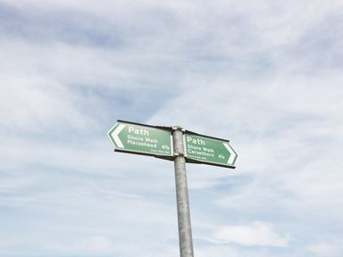A signpost with two green directional signs indicating paths for shore walk to Mersehead and Carsethorn against a cloudy sky