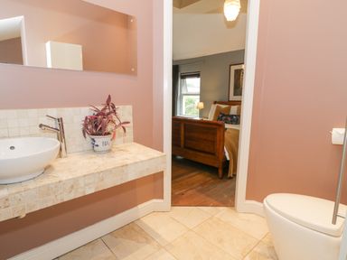 A bathroom with a sink plant and toilet leading to a bedroom with a wooden bed at Dale Cottage in Llanrwst