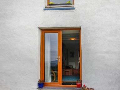 A wooden framed glass door in a white wall with two potted plants outside at Pen Y Graig in Talysarn