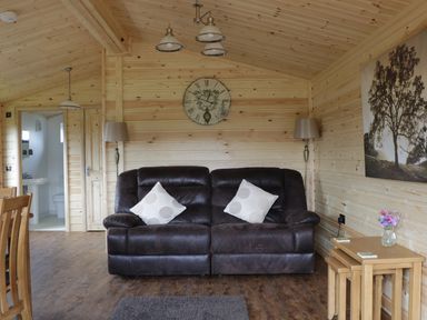 A living room with a dark sofa two pillows a clock wall lamps wooden tables with flowers and a tree picture at Hayfields in Grimston