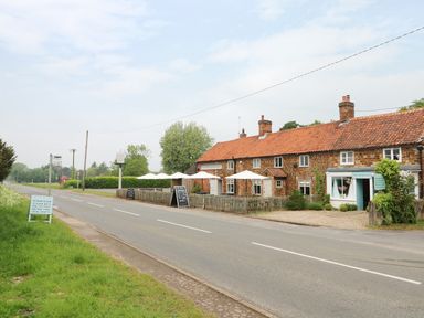 A road with a row of brick cottages with red roofs and outdoor umbrellas alongside at Hayfields in Grimston