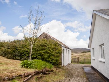 An outdoor scene with a white house on the right a small tree surrounded by plants a gravel path and a rural landscape at Shepherds Retreat in Gortin