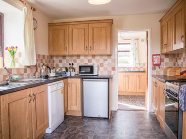 A kitchen with wooden cabinets a dishwasher a microwave a kettle and flowers on the windowsill at Shepherds Retreat in Gortin