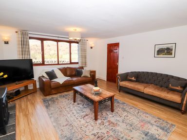 A living room with two sofas a wooden coffee table TV and a patterned rug at Green Hills Farm in Ulverston
