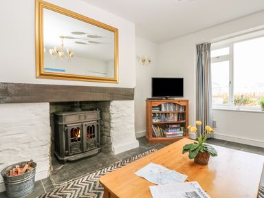 A living room with a fireplace a wooden coffee table with a plant a TV on a wooden cabinet and a window with curtains at The Watch Below in Polruan