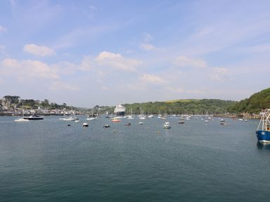 A harbor with multiple boats and a large ship anchored near a town and green hills at The Watch Below in Polruan