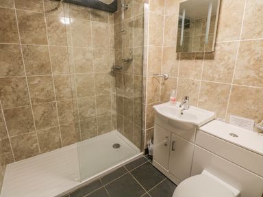 A bathroom with a shower area sink toilet and mirror at Bank End Barn Grizebeck