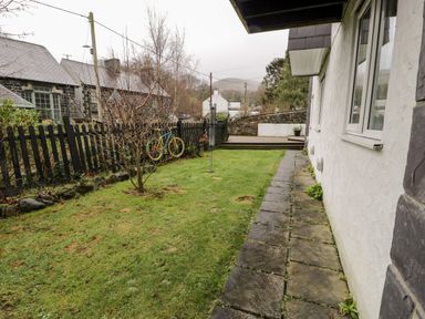 A small garden with a grass lawn a stone pathway a leafless tree and a picket fence with colorful bicycles at Ty Coch in Llanberis