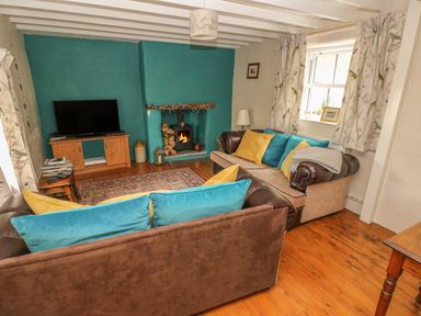 A living room with two sofas a wood burning stove curtains and a television at Snowdrop Cottage in Laugharne