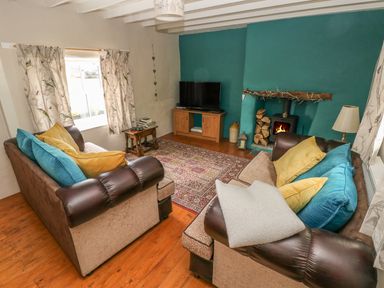 A living room with two sofas and colorful cushions a TV on a wooden stand and a wood burning stove at Snowdrop Cottage in Laugharne