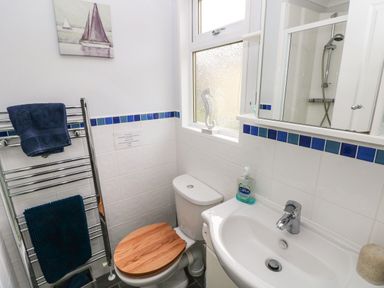 A bathroom with a toilet a sink a shower a towel rack and a window with a seahorse decoration at The Retreat in Wisemans Bridge near Saundersfoot