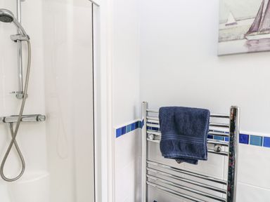 A bathroom with a shower area and a chrome towel radiator holding a blue towel at The Retreat in Wisemans Bridge near Saundersfoot