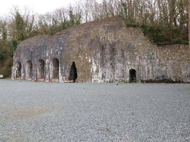An old stone structure with multiple arched openings and a gravel ground in front surrounded by trees at The Retreat in Wisemans Bridge near Saundersfoot